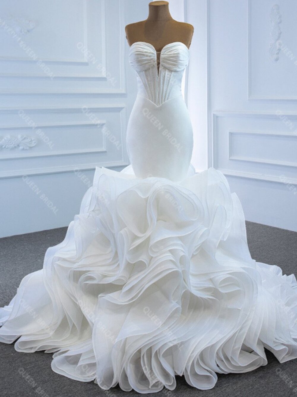 Elegant Mermaid Wedding Dresses Off Shoulder V-Neck Puffy Train Bridal Gowns 12 - Picture 4 of 5